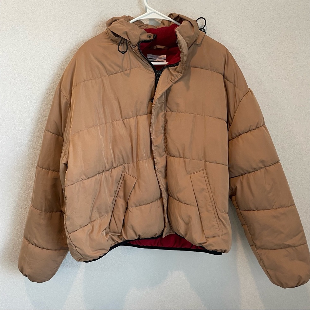 Urban Outfitters Tan Cropped Puffer Jacket Hidden Hood Quilted Coat Large - Picture 13 of 13